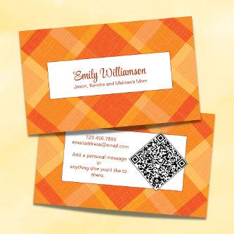 Rustic Autumn Orange Plaid QR Code Personal Calling Card