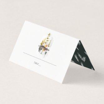 Rustic Autumn Watercolor Pines Wedding Place Card