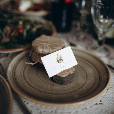 Rustic Autumn Watercolor Pines Wedding Place Card