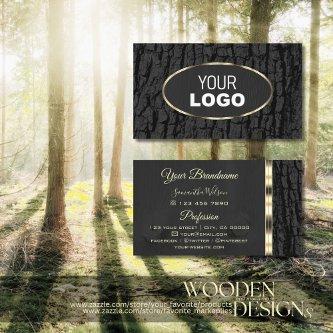 Rustic Black Tree Bark Grain Oval Gold Border Logo