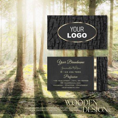 Rustic Black Tree Bark Grain Oval Gold Border Logo