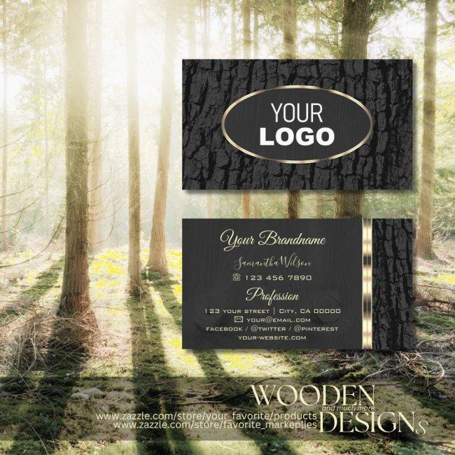 Rustic Black Tree Bark Grain Oval Gold Border Logo