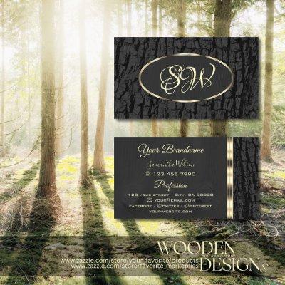 Rustic Black Tree Bark Oval Gold Border Monogram