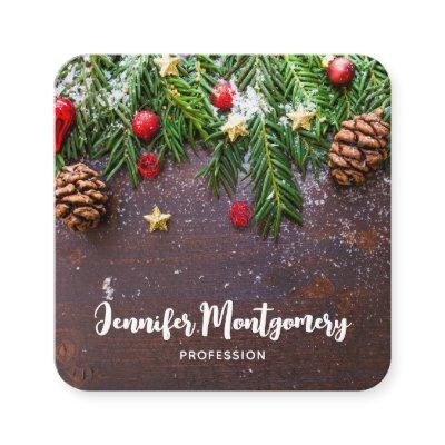 Rustic Christmas Table with Pine & Snow Square