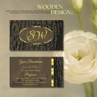 Rustic Dark Brown Tree Bark Gold Border Initials