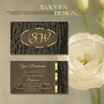 Rustic Dark Brown Tree Bark Gold Border Initials