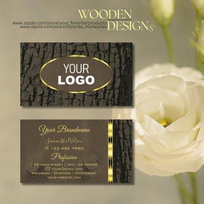 Rustic Dark Brown Tree Bark Grain Gold Border Logo