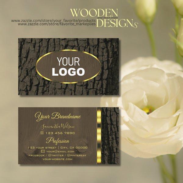 Rustic Dark Brown Tree Bark Grain Gold Border Logo