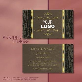 Rustic Dark Brown Tree Bark Grain Gold Border Logo