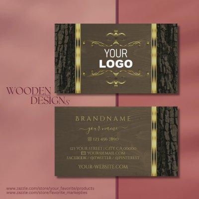 Rustic Dark Brown Tree Bark Grain Gold Border Logo