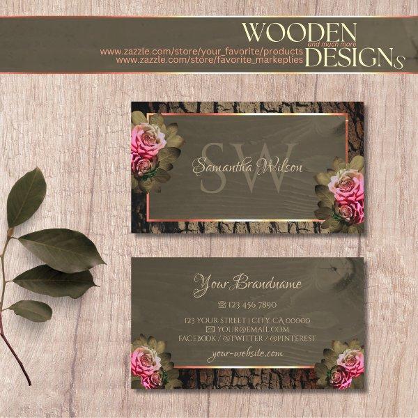 Rustic Dark Brown Wood Grain Pink Roses Monogram