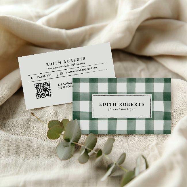 Rustic Dark Green Watercolor Buffalo Plaid QRCODE