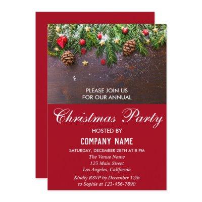 Rustic Festive Red Company Holiday Christmas Party Invitation