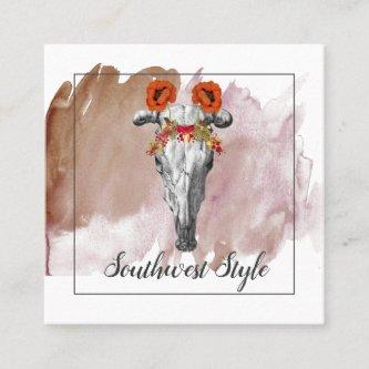 Rustic Floral Boho Cow Skull & Earthy Watercolor Square