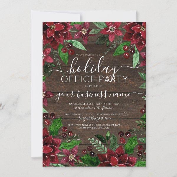 Rustic Floral Holly Ivy Wood Corporate Holiday Invitation