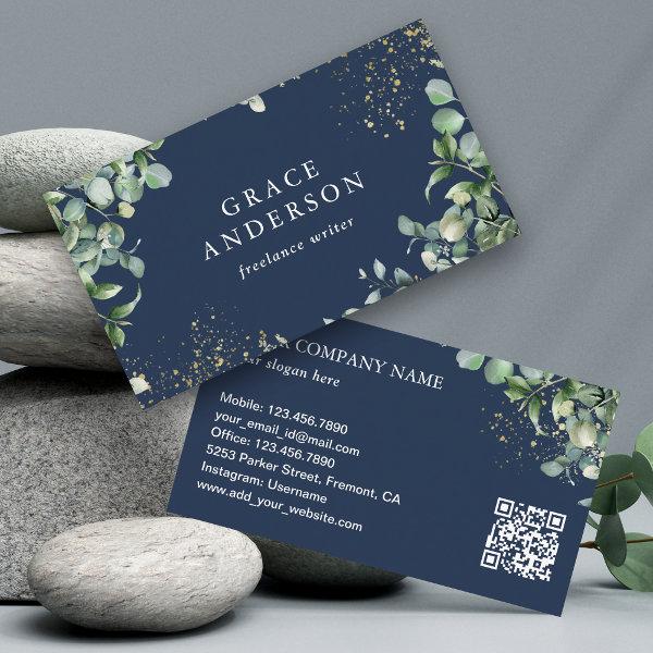 Rustic Greenery Gold Navy Blue Eucalyptus QR Code