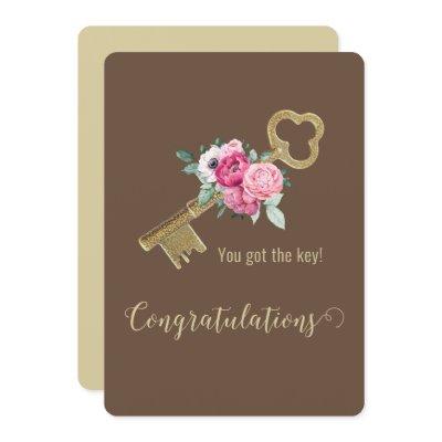 Rustic House Key Floral Watercolor Congratulations Card