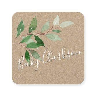 Rustic Kraft Paper Greenery White Script Square