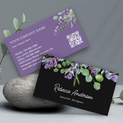 Rustic Lavender Floral Eucalyptus Black QR Code
