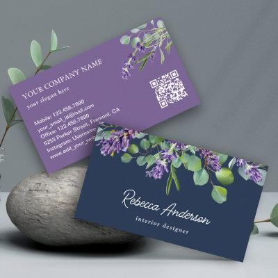 Rustic Lavender Floral Eucalyptus Navy QR Code