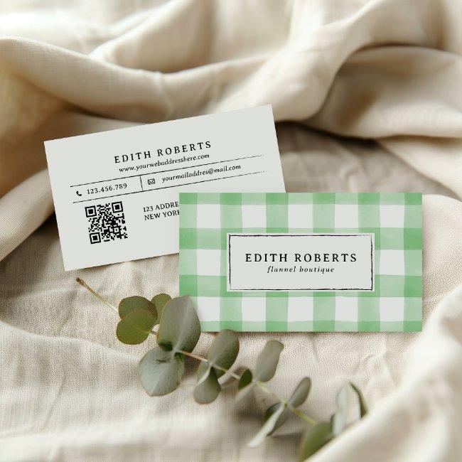 Rustic Light Green Watercolor Buffalo Plaid QRCODE