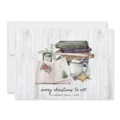 Rustic Merry Christmas White Wood Watercolor  Holiday Card