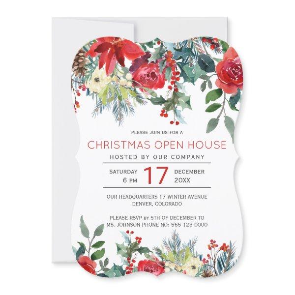 Rustic modern floral winter holiday open house invitation