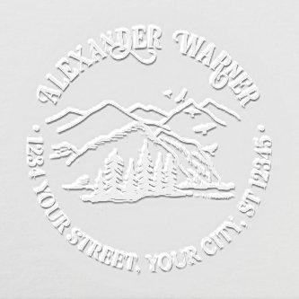 Rustic Outdoors: Mountains Trees Name Address Embosser