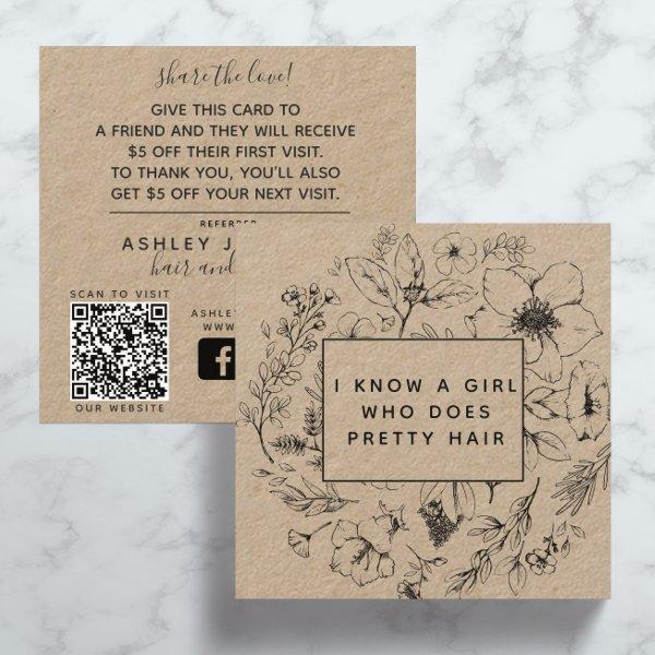 Rustic QR Code Botanical Kraft Black Referral Card