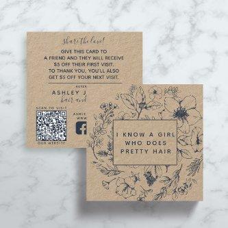 Rustic QR Code Botanical Kraft Navy Blue Referral Square