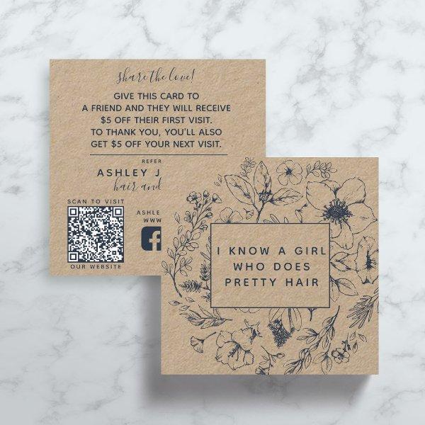 Rustic QR Code Botanical Kraft Navy Blue Referral Square