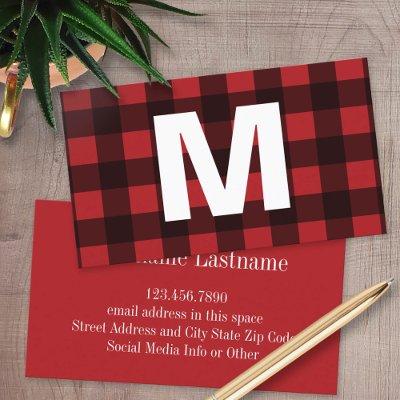 Rustic Red & Black Buffalo Plaid Pattern Monogram Calling Card