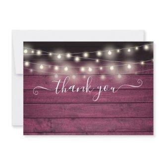 Rustic Red Wood String Lights Script Wedding Thank You Card