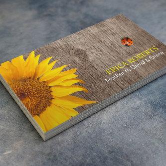 Rustic Sunflower & Ladybug Wood Background Mommy Calling Card