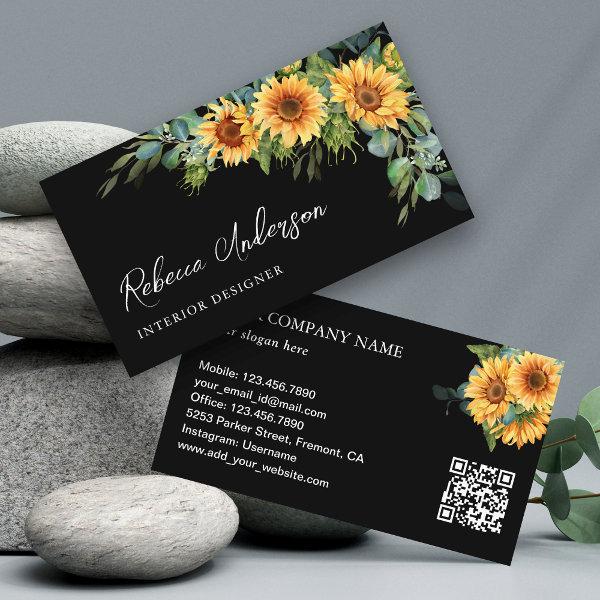 Rustic Sunflowers Eucalyptus Black QR Code