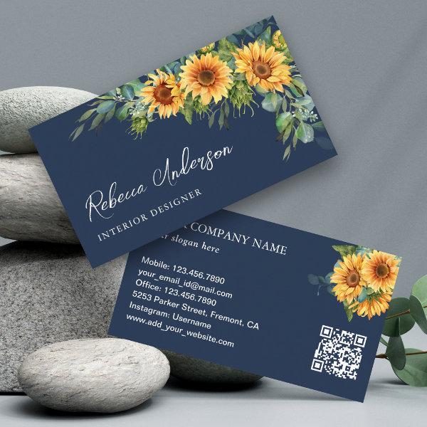 Rustic Sunflowers Eucalyptus Navy Blue QR Code