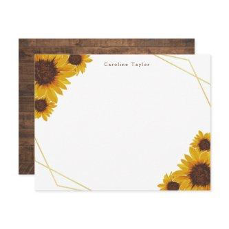 Rustic Sunflowers Gold Geometric Wood Personalized Note Card