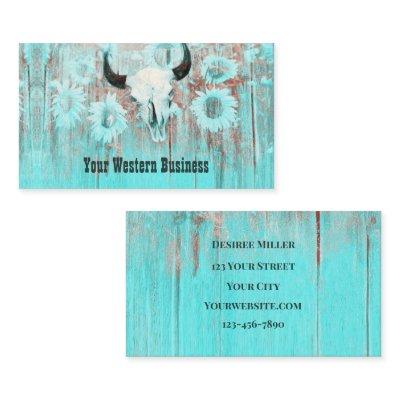 Rustic Teal Western Bull Skull Sunflowers On Wood