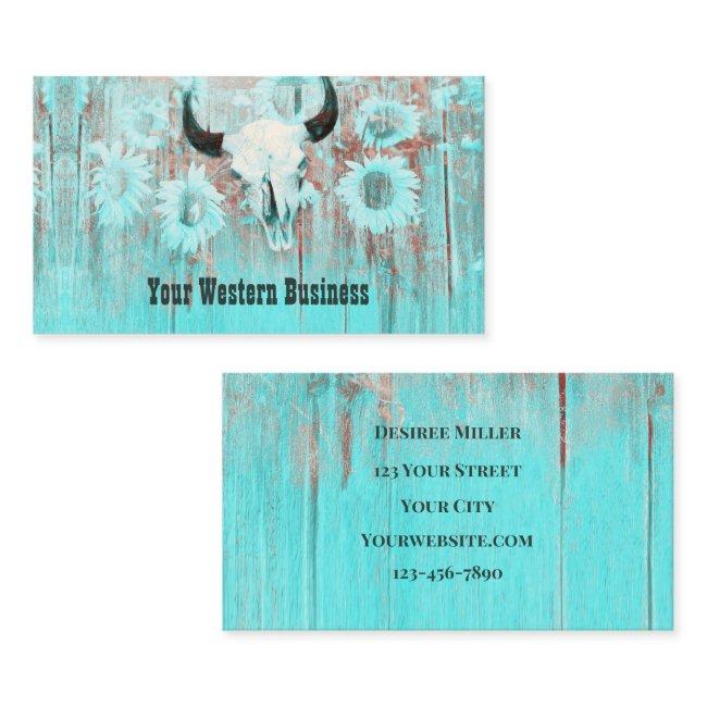 Rustic Teal Western Bull Skull Sunflowers On Wood