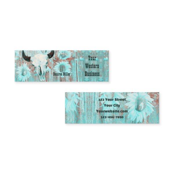 Rustic Teal Western Bull Skull Sunflowers On Wood Mini