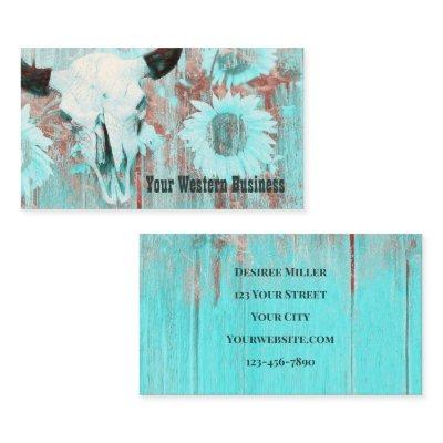 Rustic Teal Western Country Bull Skull Sunflowers