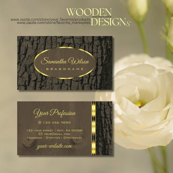 Rustic Tree Bark Dark Brown Wood Grain Gold Border