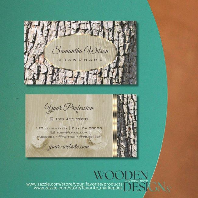 Rustic Tree Bark Wood Grain with Oval Gold Border