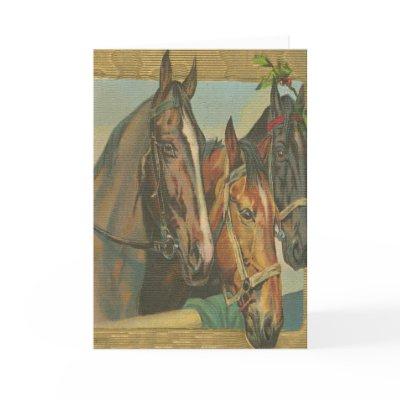 Rustic Vintage Christmas Horses Holly Berries Holiday Card