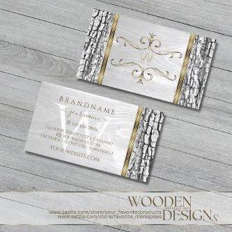 Rustic White Tree Bark Grain Gold Border Monogram