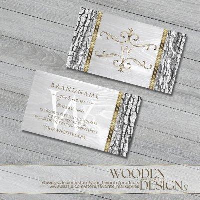 Rustic White Tree Bark Grain Gold Border Monogram