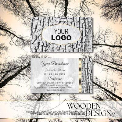 Rustic White Tree Bark Grain Oval Gold Border Logo