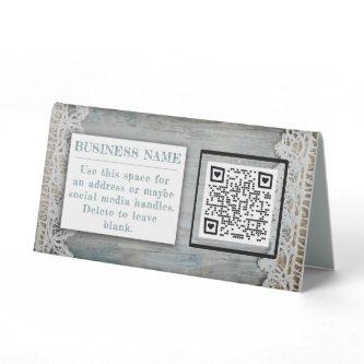 Rustic Wood Lace QR code Custom Logo Contact Info Table Tent Sign