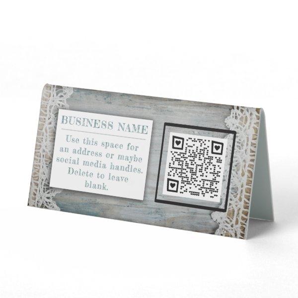 Rustic Wood Lace QR code Custom Logo Contact Info Table Tent Sign