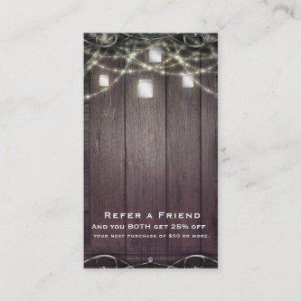 Rustic Wood Lights & Mason Jars Refer a Friend Referral Card